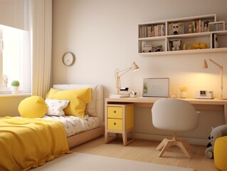 Yellow and white bedroom with a desk and a bed, featuring a yellow pillow and a white chair.