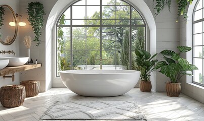 Fototapeta premium light bathroom interior with sink,tub near panoramic window.
