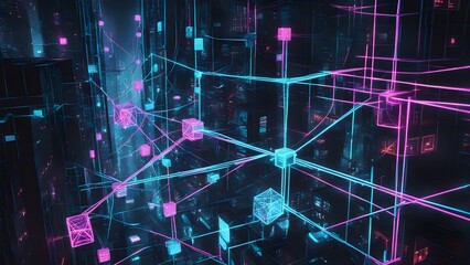 A colorful image of a cityscape with many blue and pink lines and squares