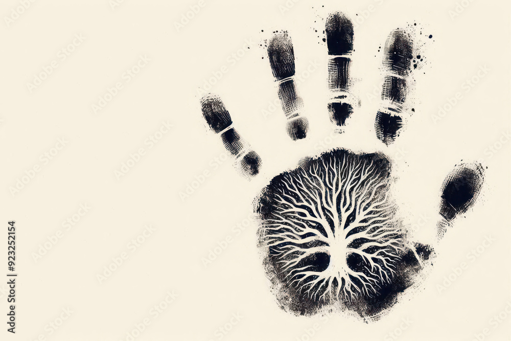 Fototapete a human handprint with the image of a tree. space for text.