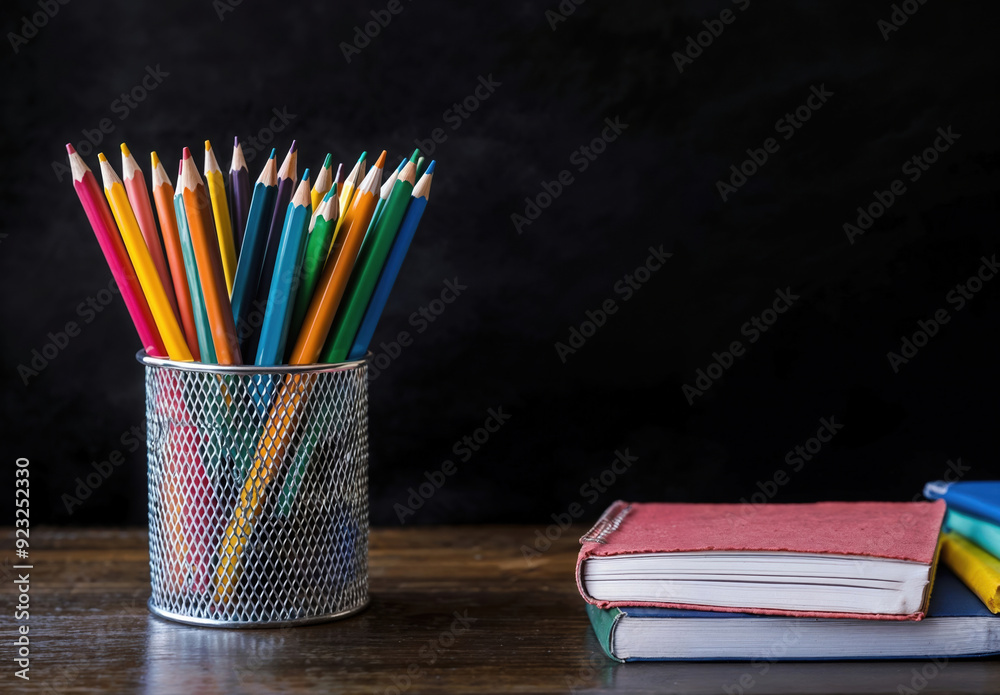 Poster Back to school concept with colorful pencils and books on desk with a blackboard background