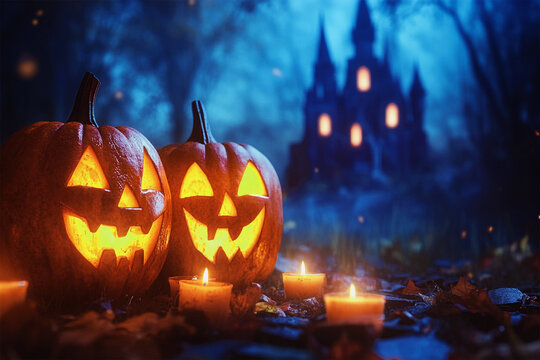 Happy Halloween background with scary pumpkin candles in the graveyard