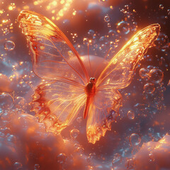 Mesmerizing butterfly surrounded by floating bubbles in a surreal, magical atmosphere
