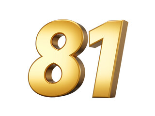 3d Shiny Gold Number 81, Eighty One 3d Gold Number Isolated On White Background, 3d illustration
