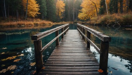 Fototapeta premium Wooden footbridge over tranquil water in autumn forest