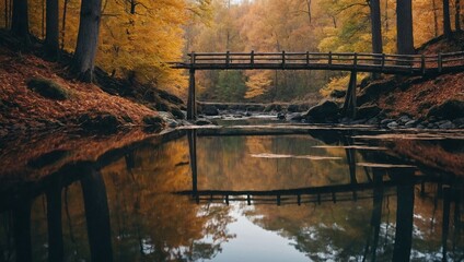 Wooden footbridge over tranquil water in autumn forest