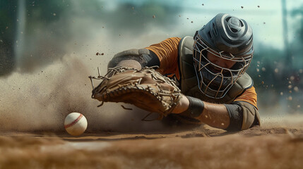 baseball player diving and catching the ball