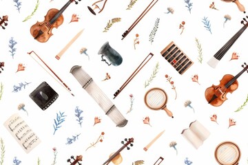 A seamless watercolor pattern featuring traditional Chinese musical instruments with delicate lines. 