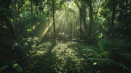 Sunlight filtering through lush foliage in tropical jungle casting shadows on forest floor