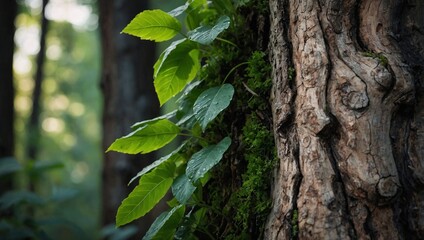 Green leaf growth on old tree trunk