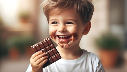 A child eating chocolate deliciously with his mouth covered. generative AI