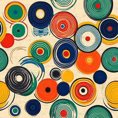 Naklejka premium Colorful retro-style seamless pattern featuring overlapping circles of various sizes and bold colors on a beige background. A dynamic, vibrant tile design perfect for adding energy.