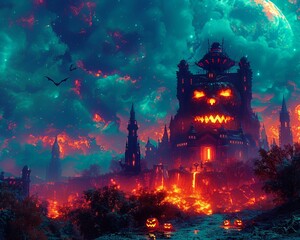 Happy abstract dark Halloween background with creepy pumpkins and scary smoke clouds. Jack pumpkin head. Illustration for card or poster for Halloween greetings. With copy space