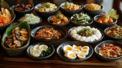 Feast of traditional dishes served on black bowls at a dining table