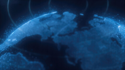 A digital representation of blue Earth with glowing lines encircling the planet, highlighting global connectivity and technology