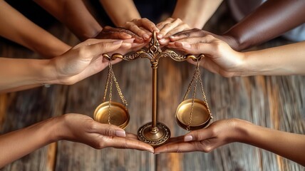 Diverse hands holding a golden balance scale, symbolizing justice, equality, and unity in legal representation and fairness. - Powered by Adobe