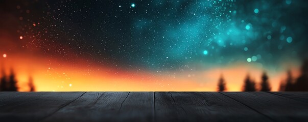 A stunning night sky filled with vibrant colors above a serene wooden surface, perfect for backgrounds or creative projects.