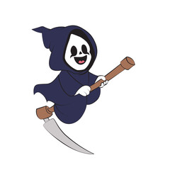 Cute happy grim reaper cartoon riding on its scythe. Vector illustration for tshirt, website, print, clip art, poster and custom print on demand merchandise.