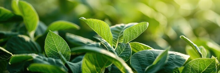 Close-up of soybean leaves in experimental plots for genetic research or agriculture, with selective focus.
