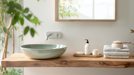 Fototapeta premium A tranquil green ceramic sink with an organic shape.