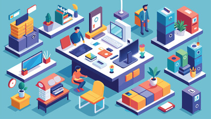 A dynamic team collaborates in a colorful isometric workspace filled with plants, technology, and creative materials, fostering innovation and connection.