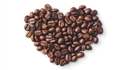 Watercolor depicting a beautiful heart shaped arrangement of roasted coffee beans against a clean white background  This design evokes a sense of warmth relaxation