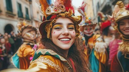 Beautiful girl in European street carnival vintage costume