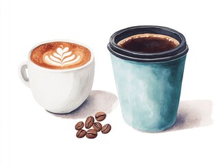 Watercolor Depicting a Coffee Shop Counter with Various Cups Mugs and Freshly Roasted Coffee Beans Isolated on a White Background