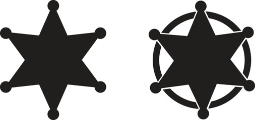 Sheriff star badge flat icons Set. Retro vintage sheriff star vector. Western cowboy officer 6 point badge symbol. Hexagonal medal. Vector of Security Police symbol isolated on transparent background.
