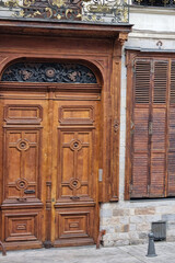 Vintage Wooden Door and Shuttered Window in Historic European Architecture Design for Posters or Prints