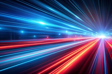 Obraz premium Blue and red high-speed background. Movement light trails effect on black abstract background. Wide technology banner with glowing blue and red light motion effect.