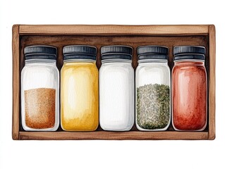 Rustic watercolor of a wooden spice rack with glass jars of herbs and spices isolated on a clean white background  Cozy homemade and traditional cooking clipart with a natural organic aesthetic