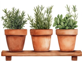 Obraz premium Watercolor of a country kitchen scene with rustic clay pots herbs and plants on a white background Cozy and homemade design elements for recipes cooking or home decor