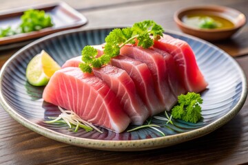 Freshly sliced otoro, rich fatty tuna belly, glistens with succulent juices, showcasing its velvety texture and creamy white color on a minimalist ceramic plate.