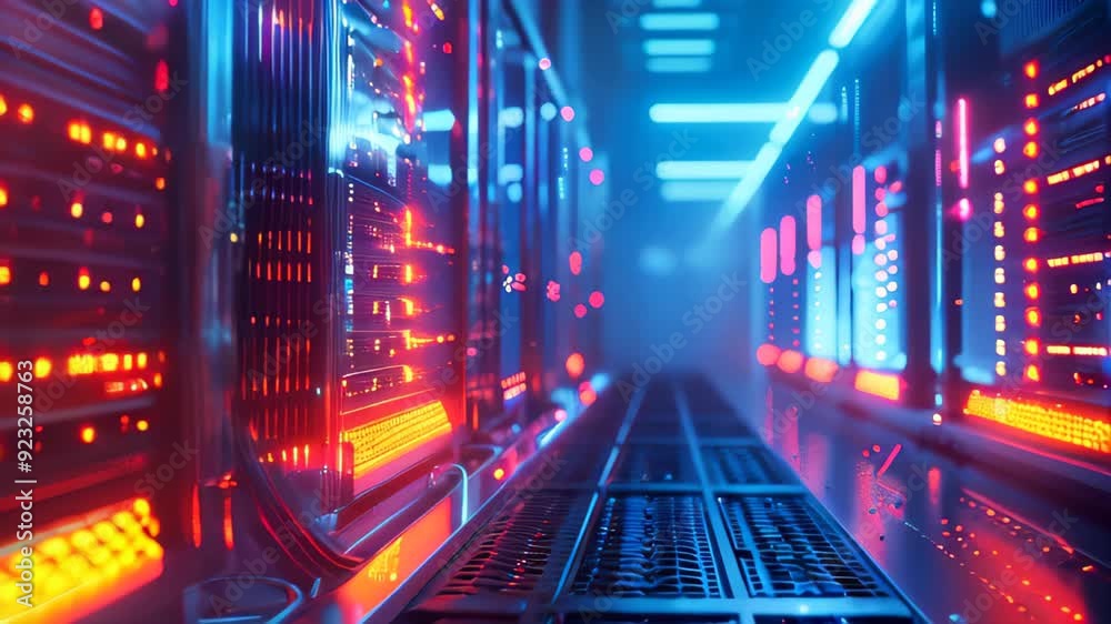 Poster data center with a row of computer servers. abstract generic concept of cyberspace, communication an