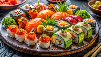 Vibrant, artfully arranged sushi platter featuring exotic ingredients like uni, ikura, and wasabi, perfect for adventurous foodies seeking a bold gastronomic experience.