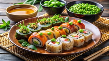 Vibrant arrangement of assorted sushi rolls, miso soup, and steamed edamame, garnished with sesame seeds and fresh green onions on a traditional Japanese plate.