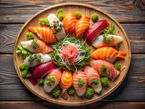 Artfully arranged sushi platter featuring delicate pieces of fresh salmon, tuna, and crab, garnished with thinly sliced daikon and microgreens on a wooden background.