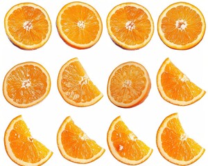 Orange Slices Isolated. Collection of 16 Fresh Citrous Fruit Slices on White Background