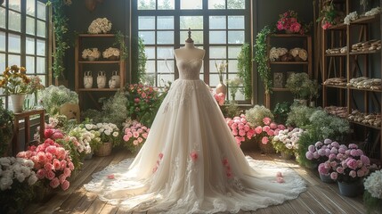 Fototapeta premium Elegant bridal gown displayed on a mannequin surrounded by blooming flowers in a sunlit boutique, creating a romantic and dreamy atmosphere for a perfect wedding day