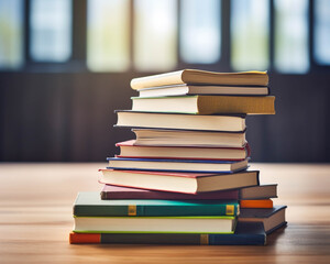 A stack of colorful books on a wooden table, illuminated by soft light. Perfect for education, reading, or study themes.