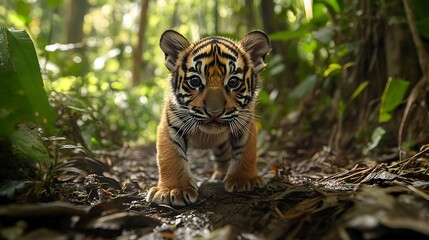 Fototapeta premium A newborn Sumatran tiger cub playfully exploring the undergrowth of its forest habitat.