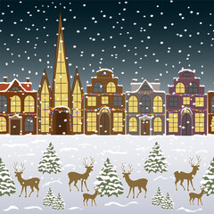Snow-covered streets during the Christmas holidays.Christmas trees, deer and snow-covered city streets in Christmas and New Year vector pattern.