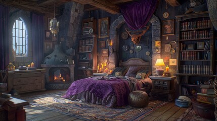 Fototapeta premium Enchanting Wizard's Lair Spellbinding Bedroom with Magical Books Cauldron Nightstand and Wand Rack