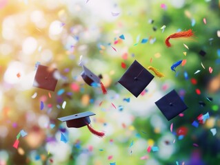 A festive scene of graduation caps in mid-air, surrounded by colorful confetti and streamers against an abstract background.