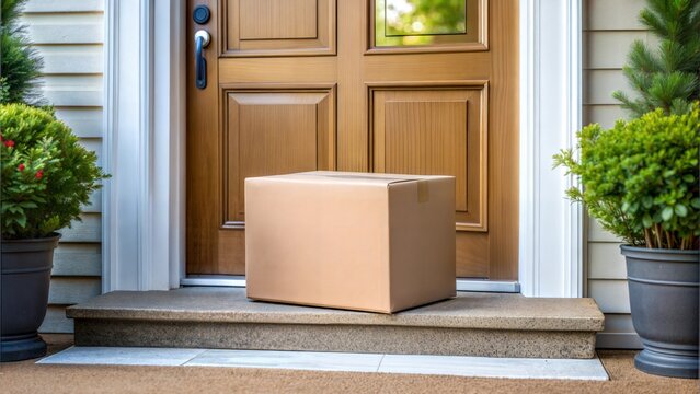 Online shopping delivery service concept. Cardboard parcel box delivered to the front door. Package near front door.