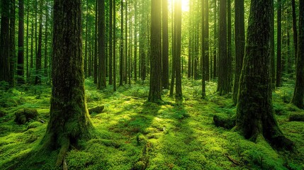 Fototapeta premium canadian rain forest beautiful view of fresh green trees in the woods with moss taken in golden ears provincial park near vancouver british columbia canada panorama nature background