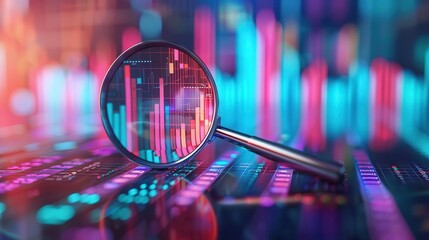 A close-up of a magnifying glass over colorful data charts, symbolizing analysis and insight in digital trends.