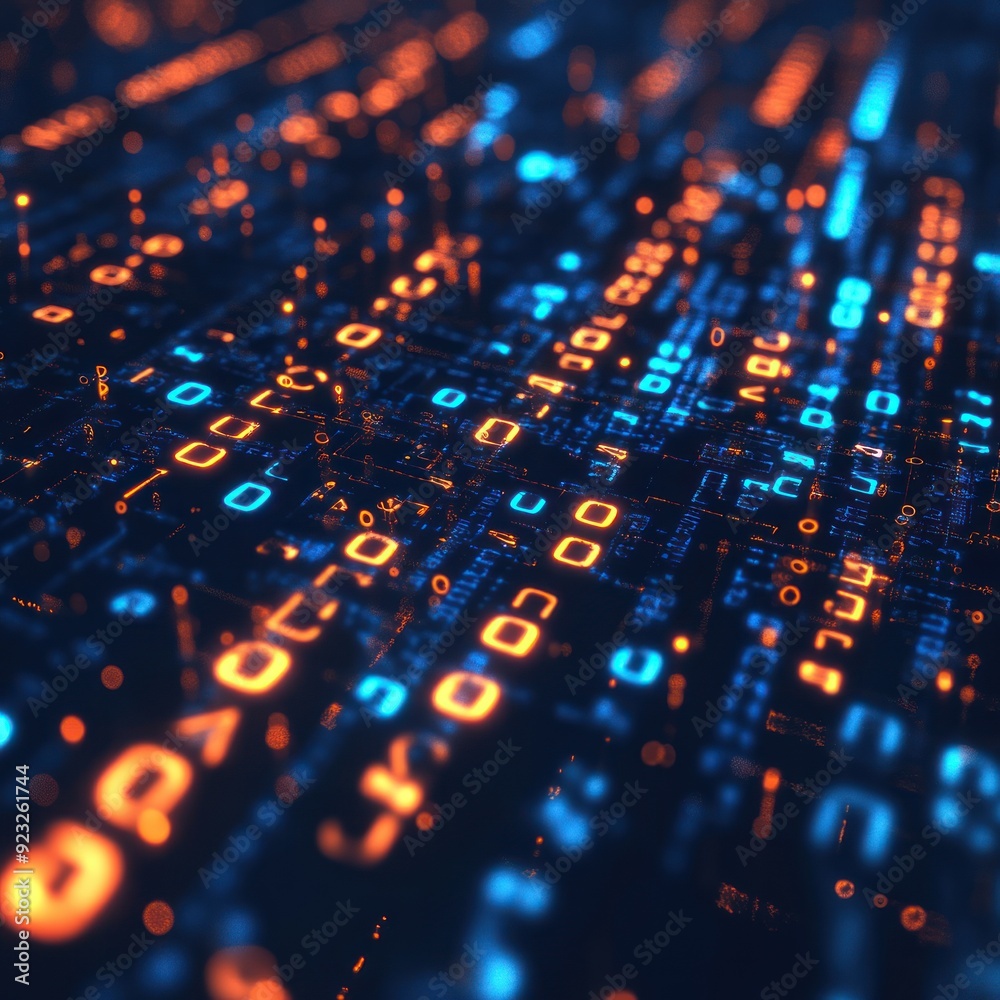 Poster abstract digital binary code, glowing numbers background