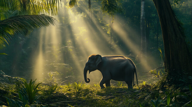 elephants in the forest with sunlight rays